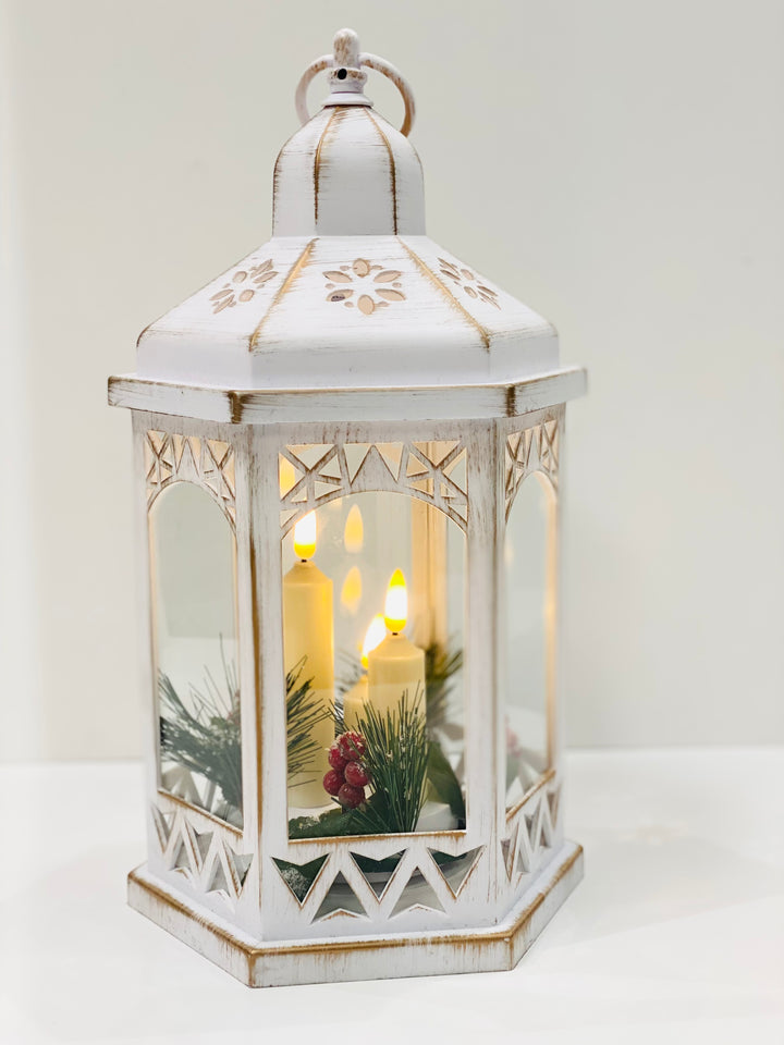 Light up hexagonal white lantern with led candles - Cool Britannia London